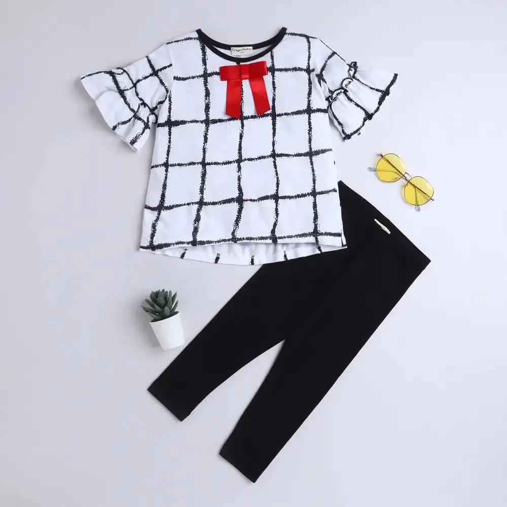 Checkered Sleeves Frill Top Leggings Set