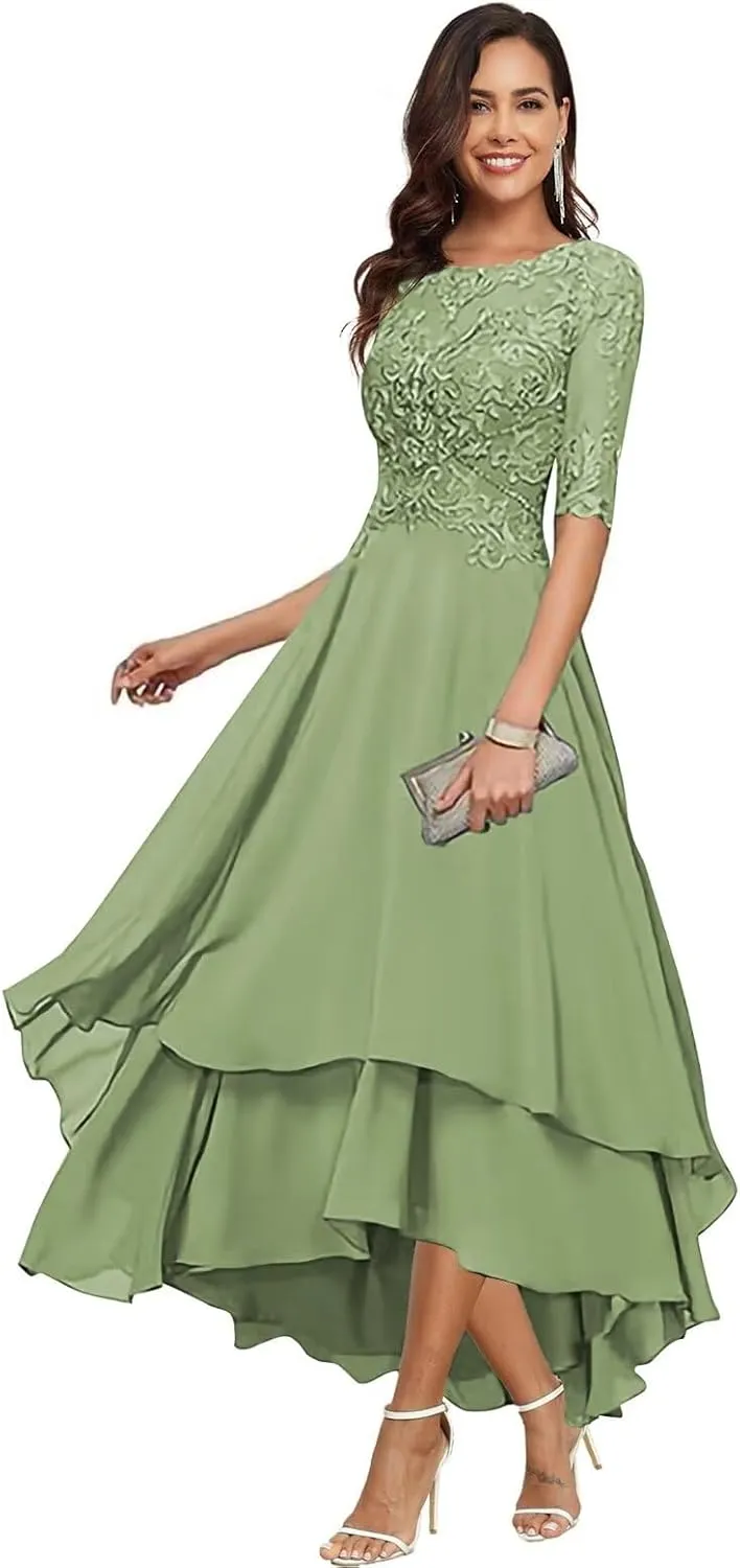 Chiffon Mother of The Bride Dresses for Wedding Elegant Tea Length Lace Applique Half Sleeves Formal Evening Gowns