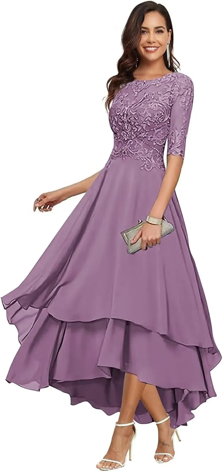 Chiffon Mother of The Bride Dresses for Wedding Elegant Tea Length Lace Applique Half Sleeves Formal Evening Gowns