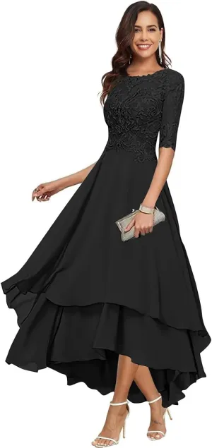 Chiffon Mother of The Bride Dresses for Wedding Elegant Tea Length Lace Applique Half Sleeves Formal Evening Gowns