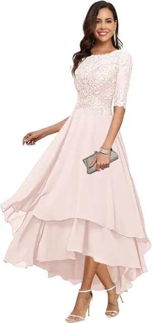 Chiffon Mother of The Bride Dresses for Wedding Elegant Tea Length Lace Applique Half Sleeves Formal Evening Gowns