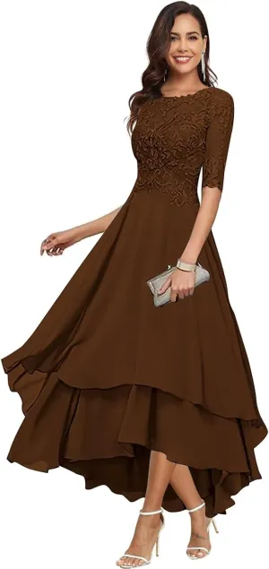 Chiffon Mother of The Bride Dresses for Wedding Elegant Tea Length Lace Applique Half Sleeves Formal Evening Gowns