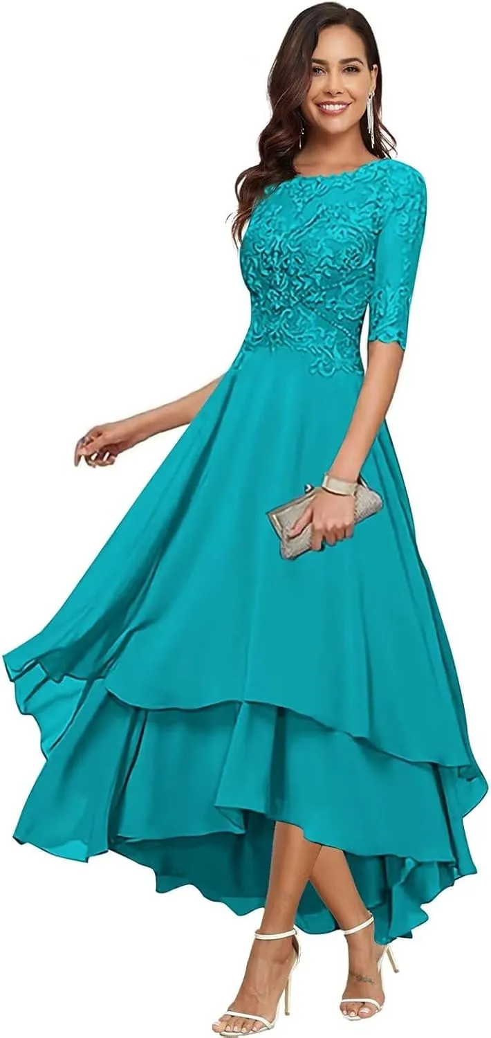 Chiffon Mother of The Bride Dresses for Wedding Elegant Tea Length Lace Applique Half Sleeves Formal Evening Gowns