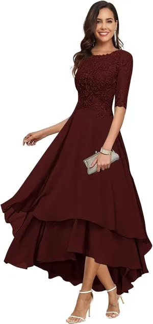 Chiffon Mother of The Bride Dresses for Wedding Elegant Tea Length Lace Applique Half Sleeves Formal Evening Gowns