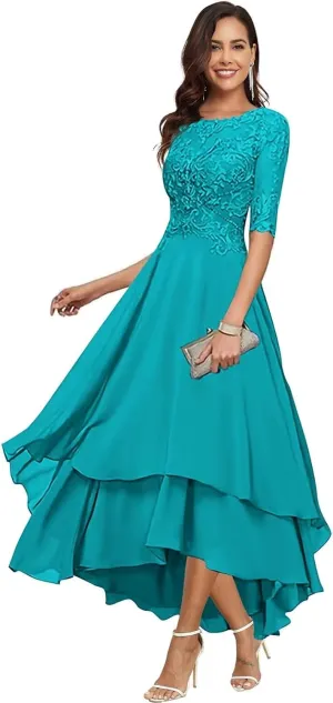 Chiffon Mother of The Bride Dresses for Wedding Elegant Tea Length Lace Applique Half Sleeves Formal Evening Gowns