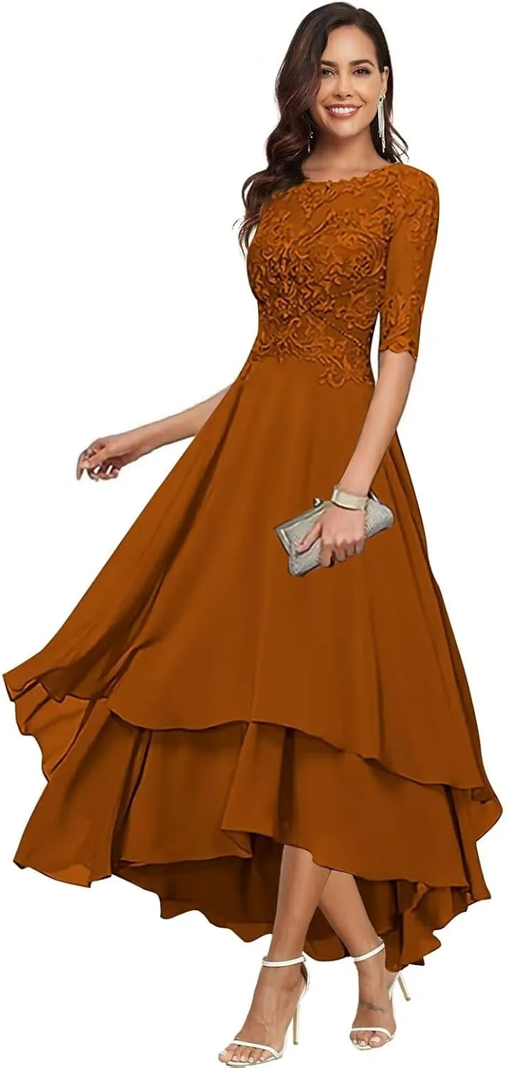 Chiffon Mother of The Bride Dresses for Wedding Elegant Tea Length Lace Applique Half Sleeves Formal Evening Gowns