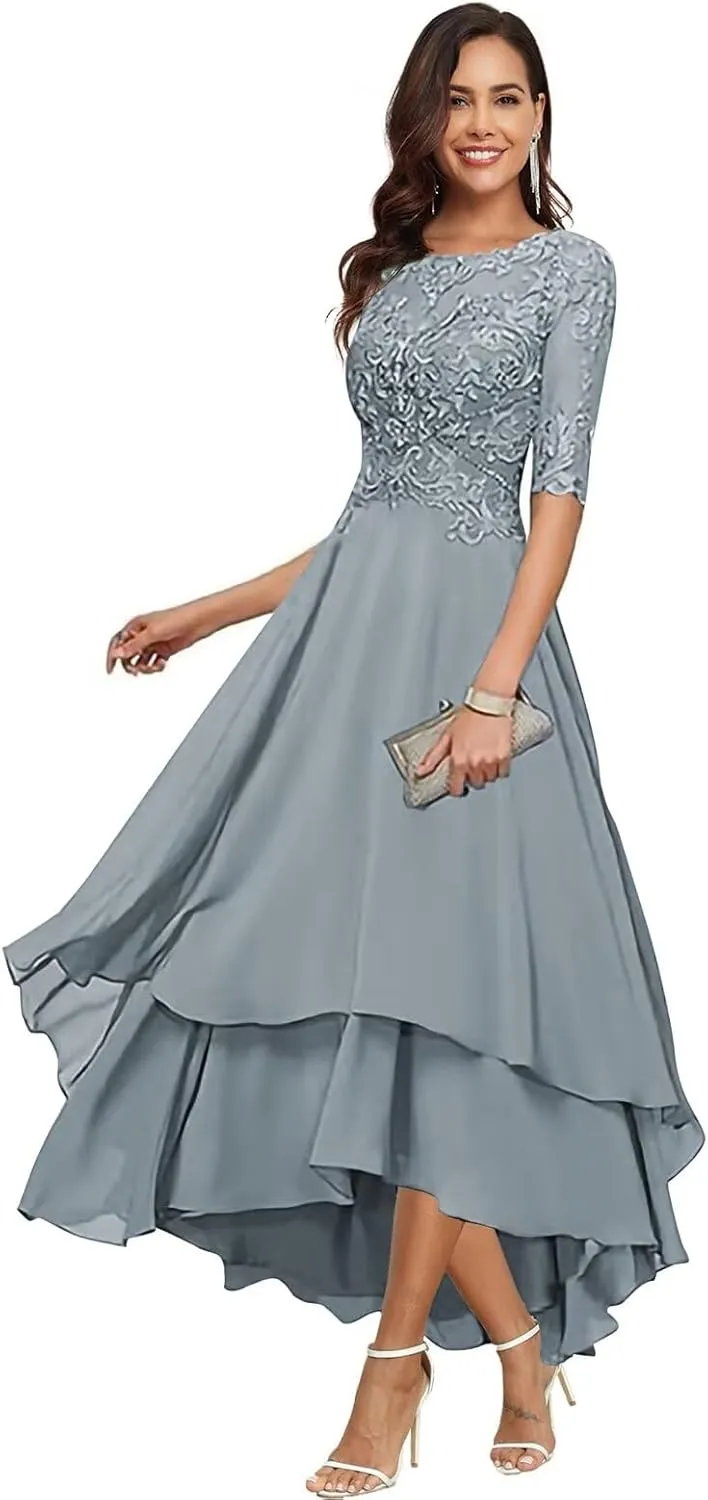 Chiffon Mother of The Bride Dresses for Wedding Elegant Tea Length Lace Applique Half Sleeves Formal Evening Gowns