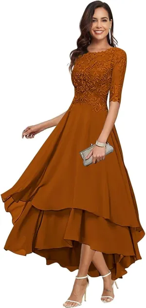 Chiffon Mother of The Bride Dresses for Wedding Elegant Tea Length Lace Applique Half Sleeves Formal Evening Gowns