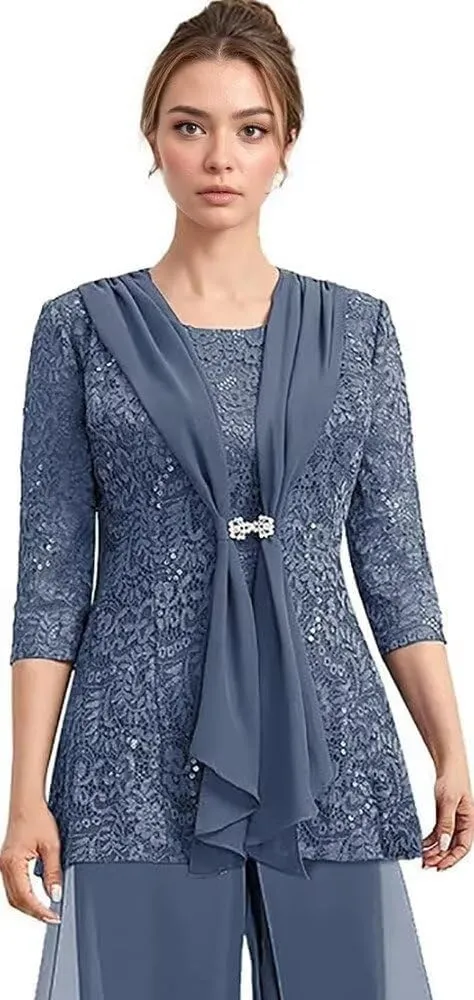 Chiffon Mother of The Bride Pantsuit for Women Dressy 3/4 Sleeve Mother of The Groom Jumpsuit 3 Pcs with Jacket