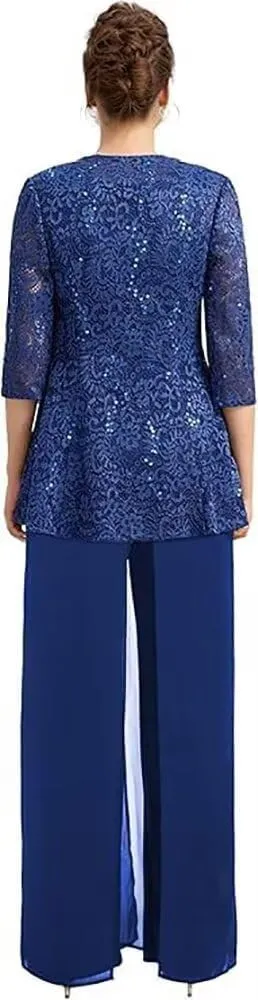 Chiffon Mother of The Bride Pantsuit for Women Dressy 3/4 Sleeve Mother of The Groom Jumpsuit 3 Pcs with Jacket