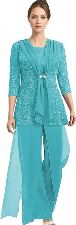 Chiffon Mother of The Bride Pantsuit for Women Dressy 3/4 Sleeve Mother of The Groom Jumpsuit 3 Pcs with Jacket