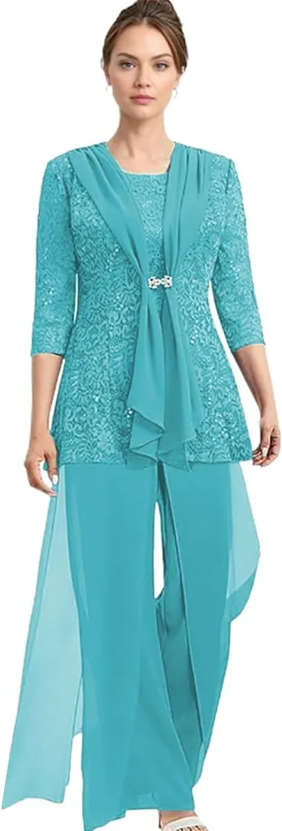 Chiffon Mother of The Bride Pantsuit for Women Dressy 3/4 Sleeve Mother of The Groom Jumpsuit 3 Pcs with Jacket
