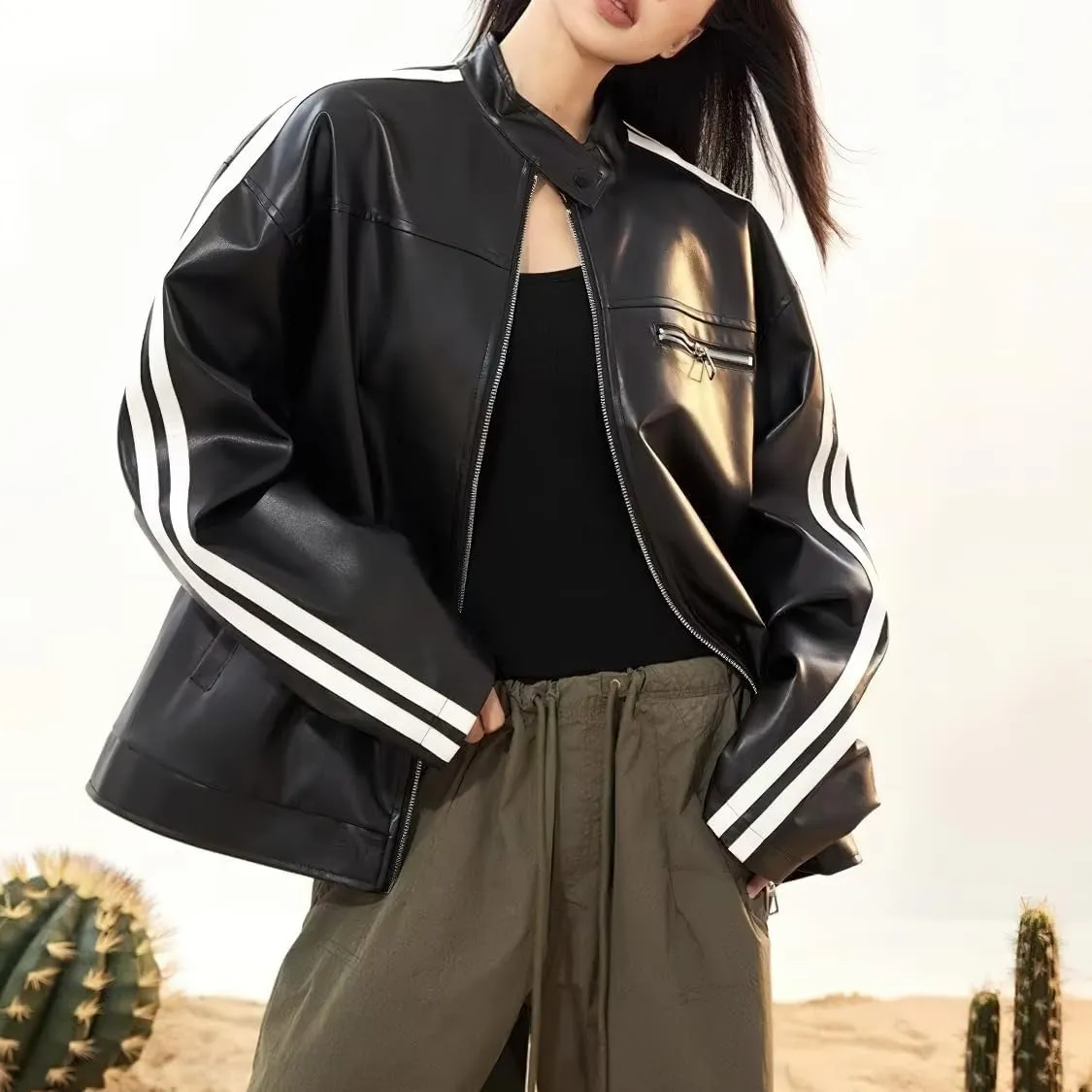 chouyatou Womens Y2k Moto PU Jacket Zip Up Bomber Jacket Stand Collar Faux Leather Jacket Coat with Pockets