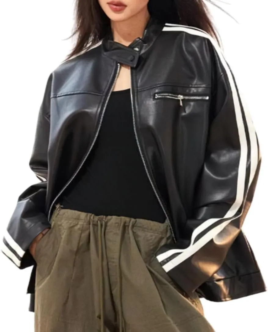 chouyatou Womens Y2k Moto PU Jacket Zip Up Bomber Jacket Stand Collar Faux Leather Jacket Coat with Pockets
