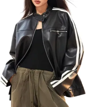 chouyatou Womens Y2k Moto PU Jacket Zip Up Bomber Jacket Stand Collar Faux Leather Jacket Coat with Pockets