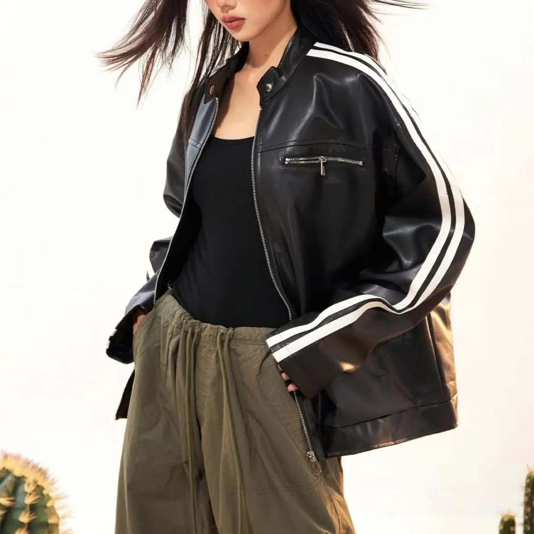 chouyatou Womens Y2k Moto PU Jacket Zip Up Bomber Jacket Stand Collar Faux Leather Jacket Coat with Pockets