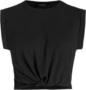 CIDER Crop Tops for Women Crew Neck T Shirts Short Sleeve Knotted Twist Front Loose Summer Basic Tee