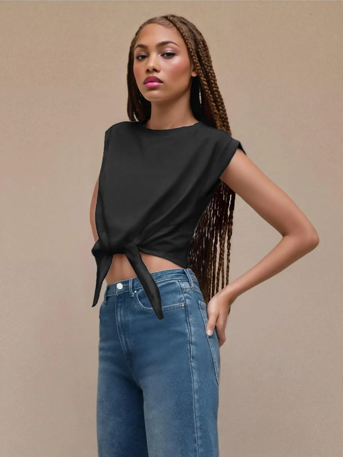 CIDER Crop Tops for Women Crew Neck T Shirts Short Sleeve Knotted Twist Front Loose Summer Basic Tee