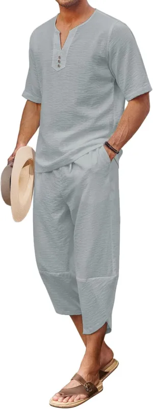 COOFANDY Men's 2 Pieces Linen Set Henley Shirt Short Sleeve and Harem Capri Pants Wide Leg Baggy Beach Yoga Trousers Outfits