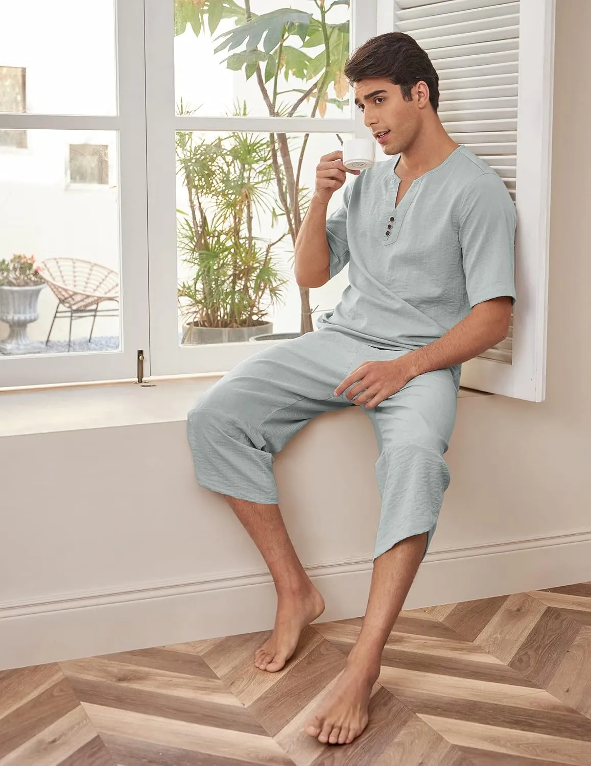 COOFANDY Men's 2 Pieces Linen Set Henley Shirt Short Sleeve and Harem Capri Pants Wide Leg Baggy Beach Yoga Trousers Outfits