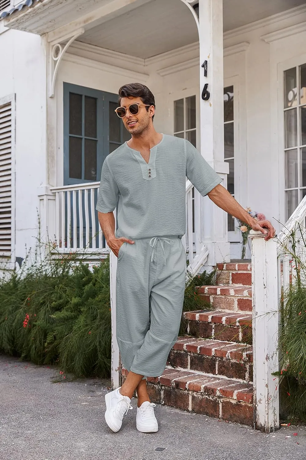 COOFANDY Men's 2 Pieces Linen Set Henley Shirt Short Sleeve and Harem Capri Pants Wide Leg Baggy Beach Yoga Trousers Outfits