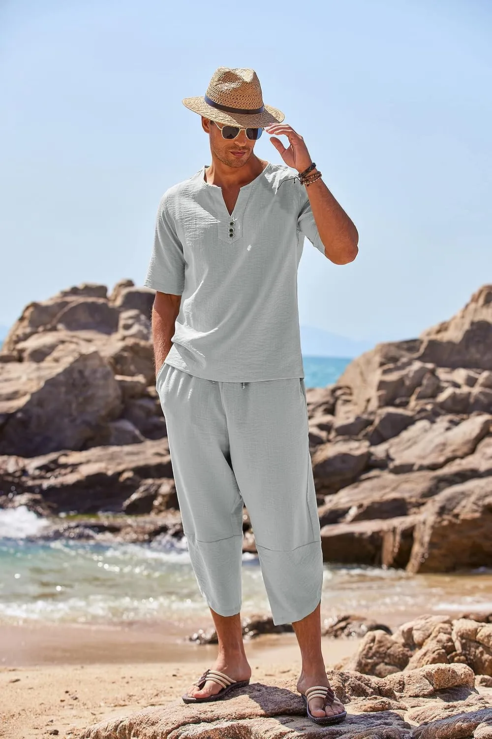 COOFANDY Men's 2 Pieces Linen Set Henley Shirt Short Sleeve and Harem Capri Pants Wide Leg Baggy Beach Yoga Trousers Outfits