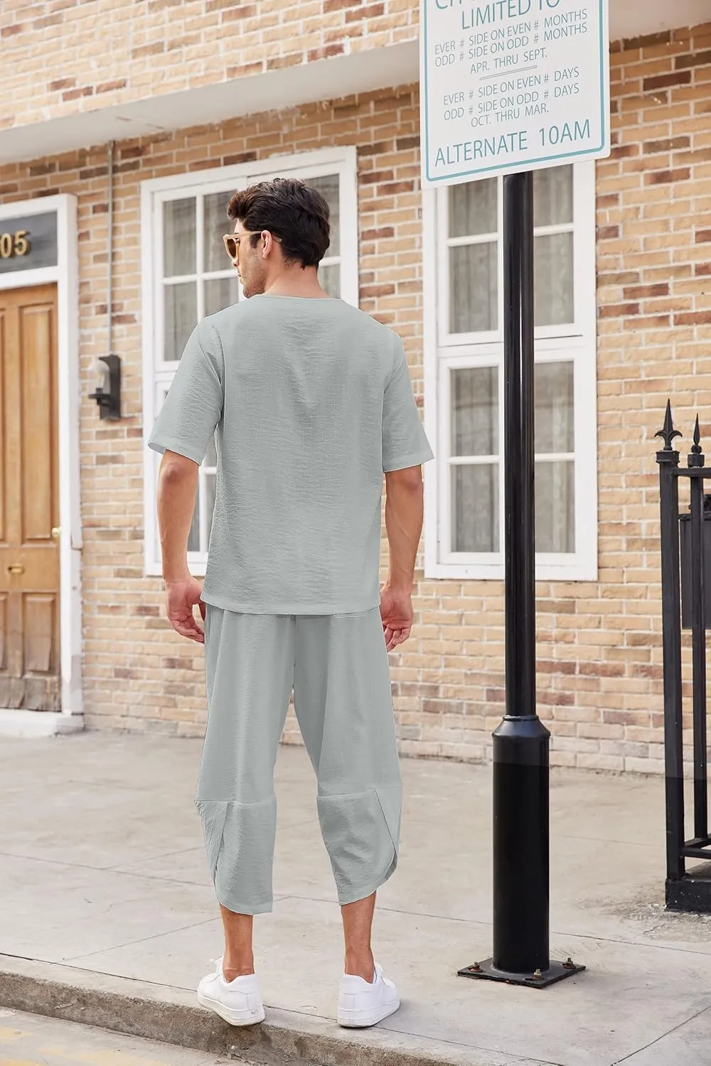 COOFANDY Men's 2 Pieces Linen Set Henley Shirt Short Sleeve and Harem Capri Pants Wide Leg Baggy Beach Yoga Trousers Outfits