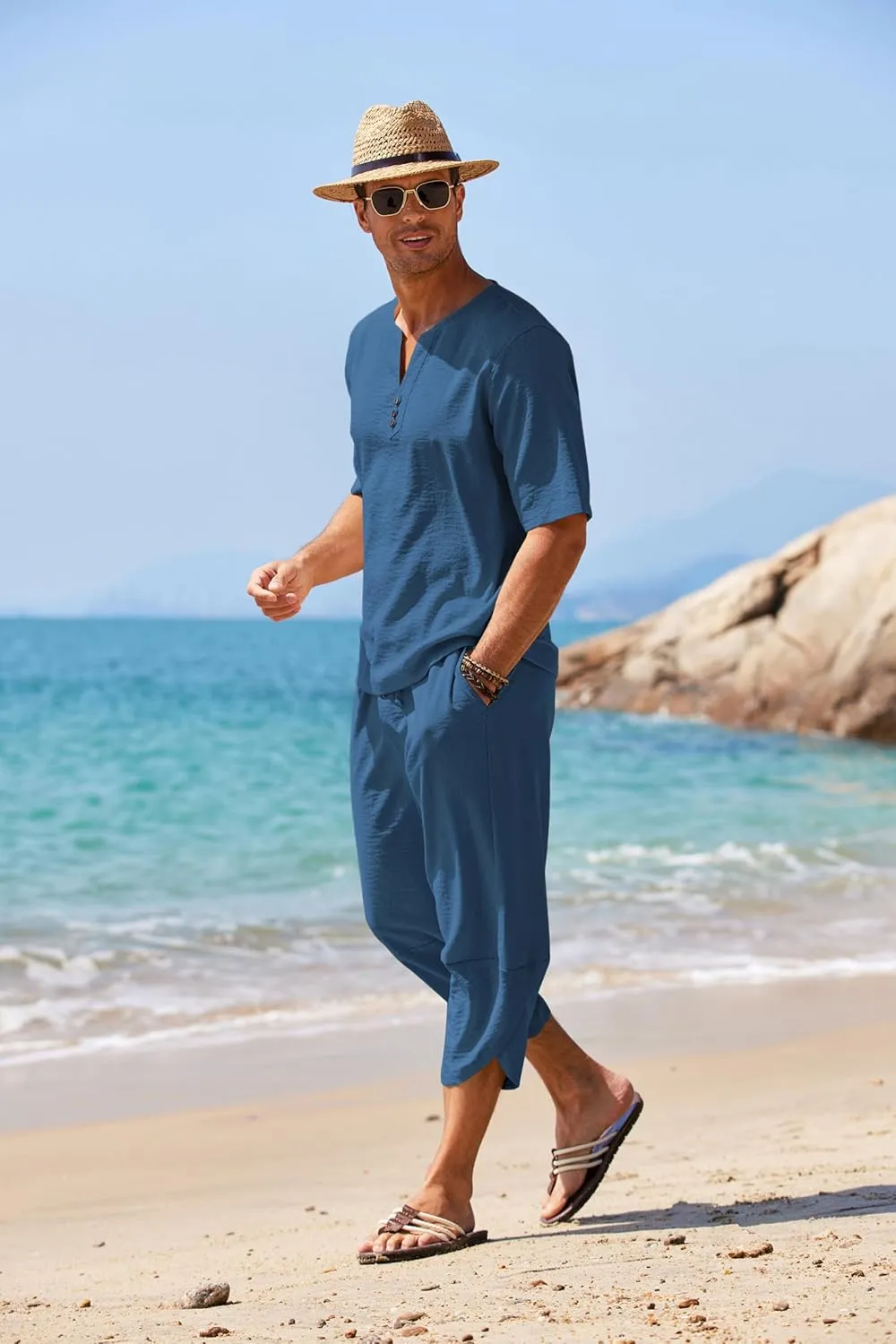 COOFANDY Men's 2 Pieces Linen Set Henley Shirt Short Sleeve and Harem Capri Pants Wide Leg Baggy Beach Yoga Trousers Outfits