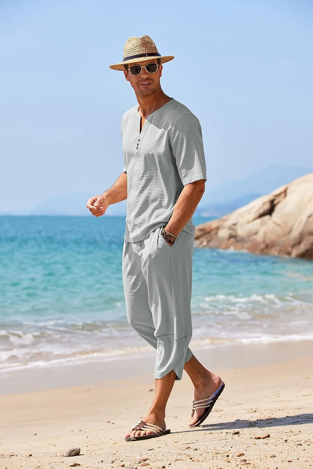 COOFANDY Men's 2 Pieces Linen Set Henley Shirt Short Sleeve and Harem Capri Pants Wide Leg Baggy Beach Yoga Trousers Outfits