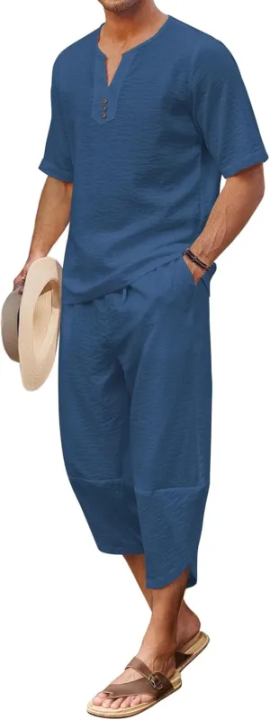 COOFANDY Men's 2 Pieces Linen Set Henley Shirt Short Sleeve and Harem Capri Pants Wide Leg Baggy Beach Yoga Trousers Outfits