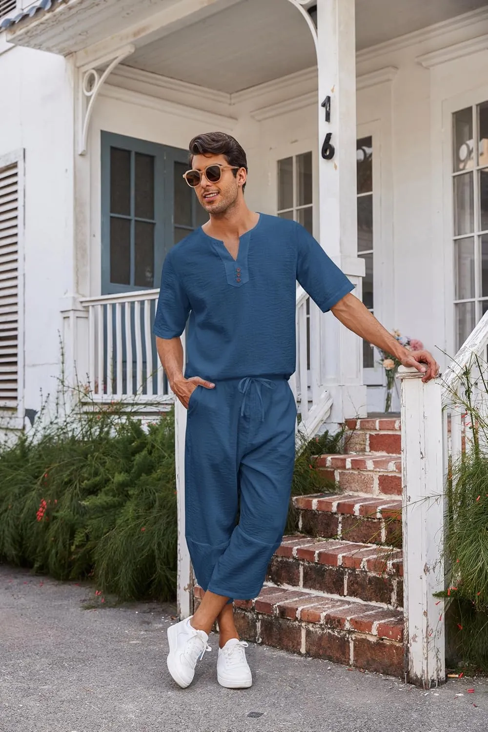 COOFANDY Men's 2 Pieces Linen Set Henley Shirt Short Sleeve and Harem Capri Pants Wide Leg Baggy Beach Yoga Trousers Outfits