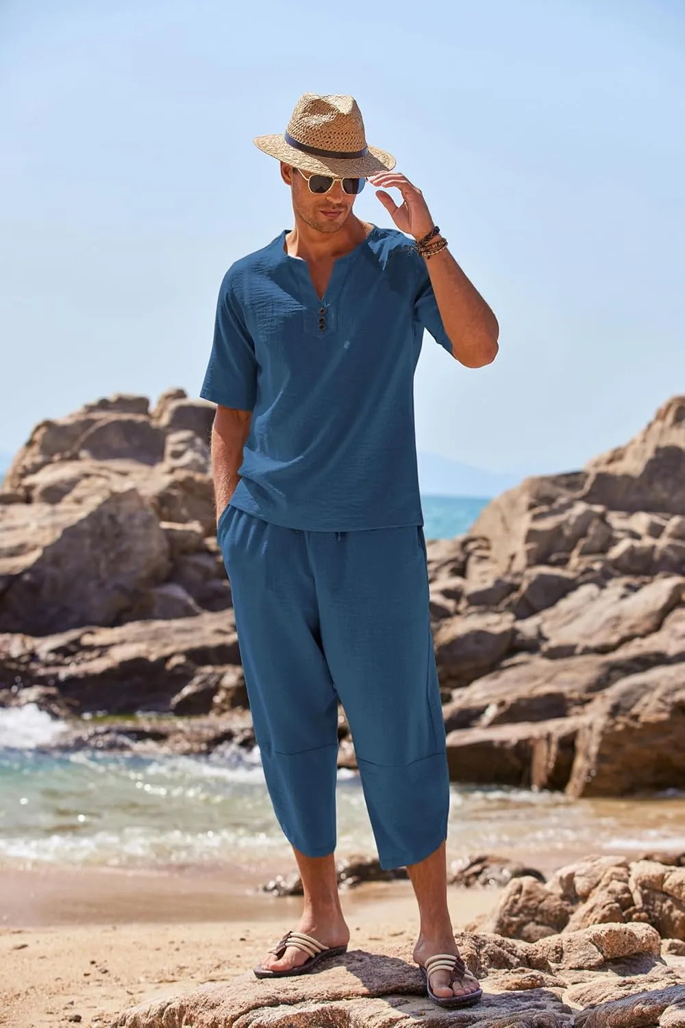 COOFANDY Men's 2 Pieces Linen Set Henley Shirt Short Sleeve and Harem Capri Pants Wide Leg Baggy Beach Yoga Trousers Outfits