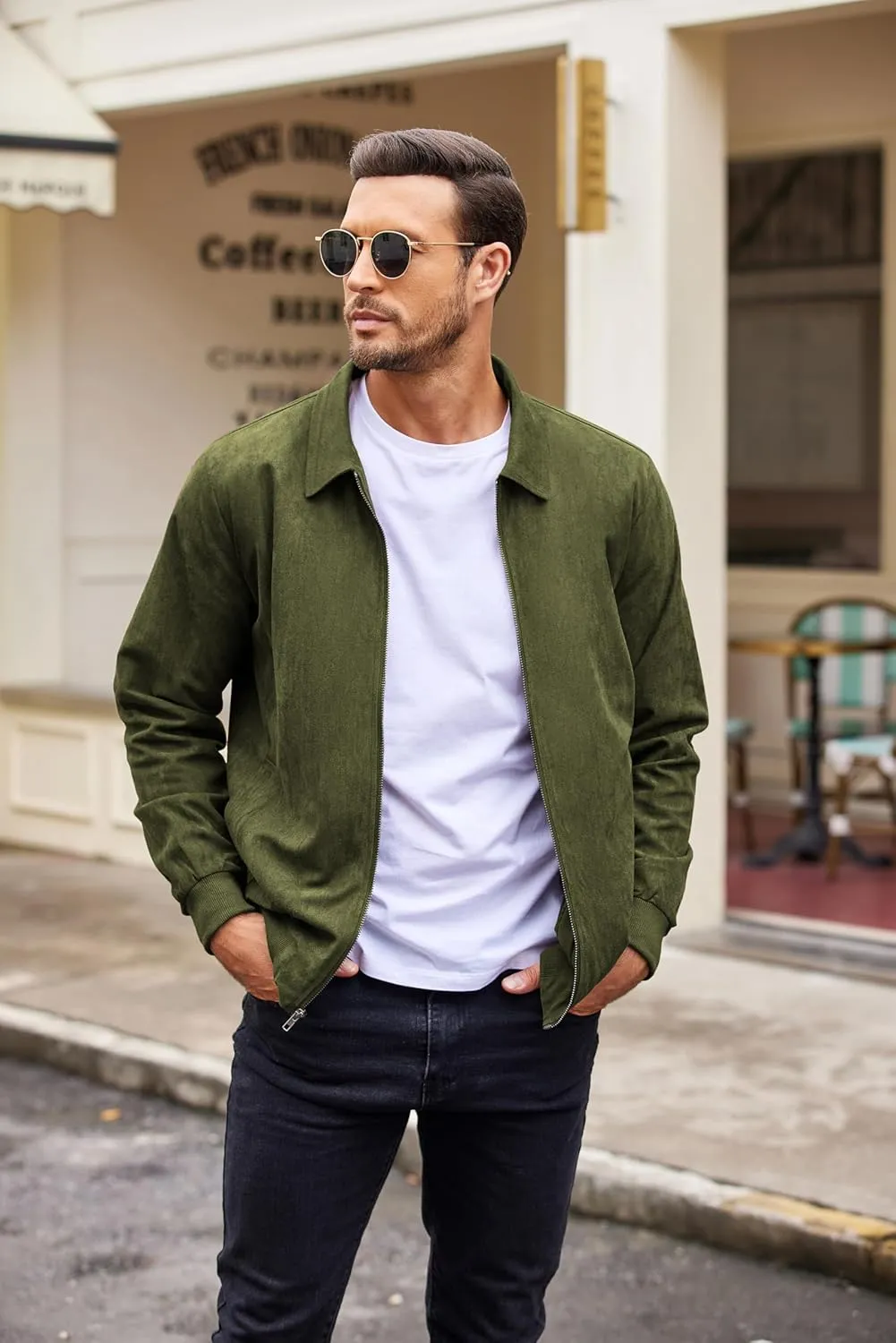 COOFANDY Men's Casual Suede Bomber Jacket Lightweight Full Zip Up Jackets Vintage Faux Leather Jacket