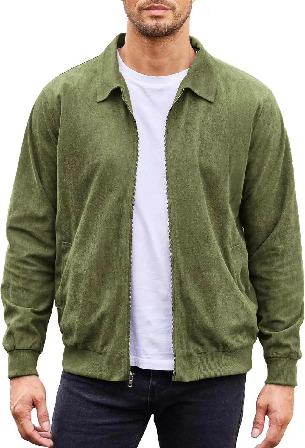 COOFANDY Men's Casual Suede Bomber Jacket Lightweight Full Zip Up Jackets Vintage Faux Leather Jacket