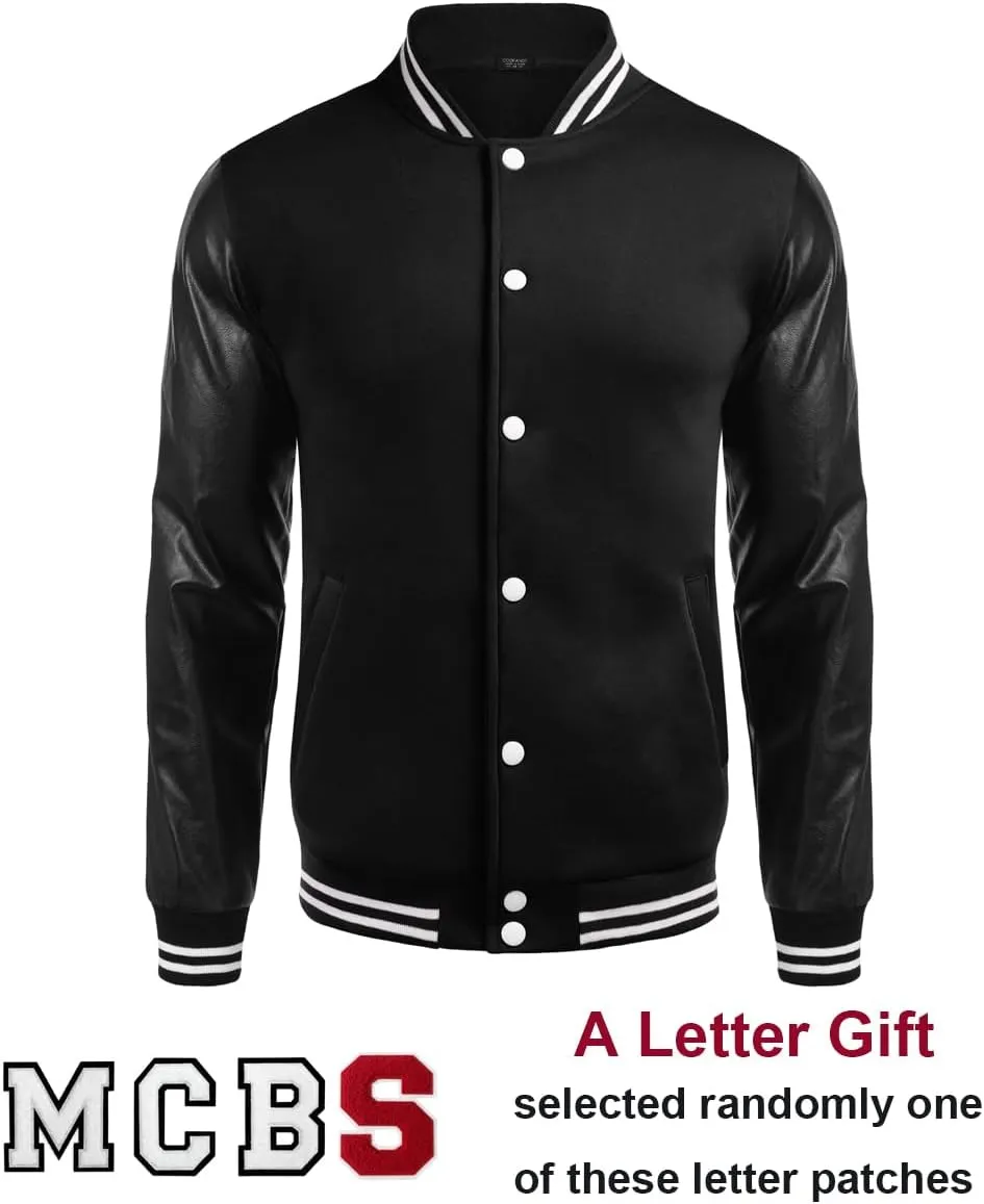 COOFANDY Mens Fashion Varsity Jackets Leather Sleeve Slim Fit College Baseball Letterman Bomber Coat