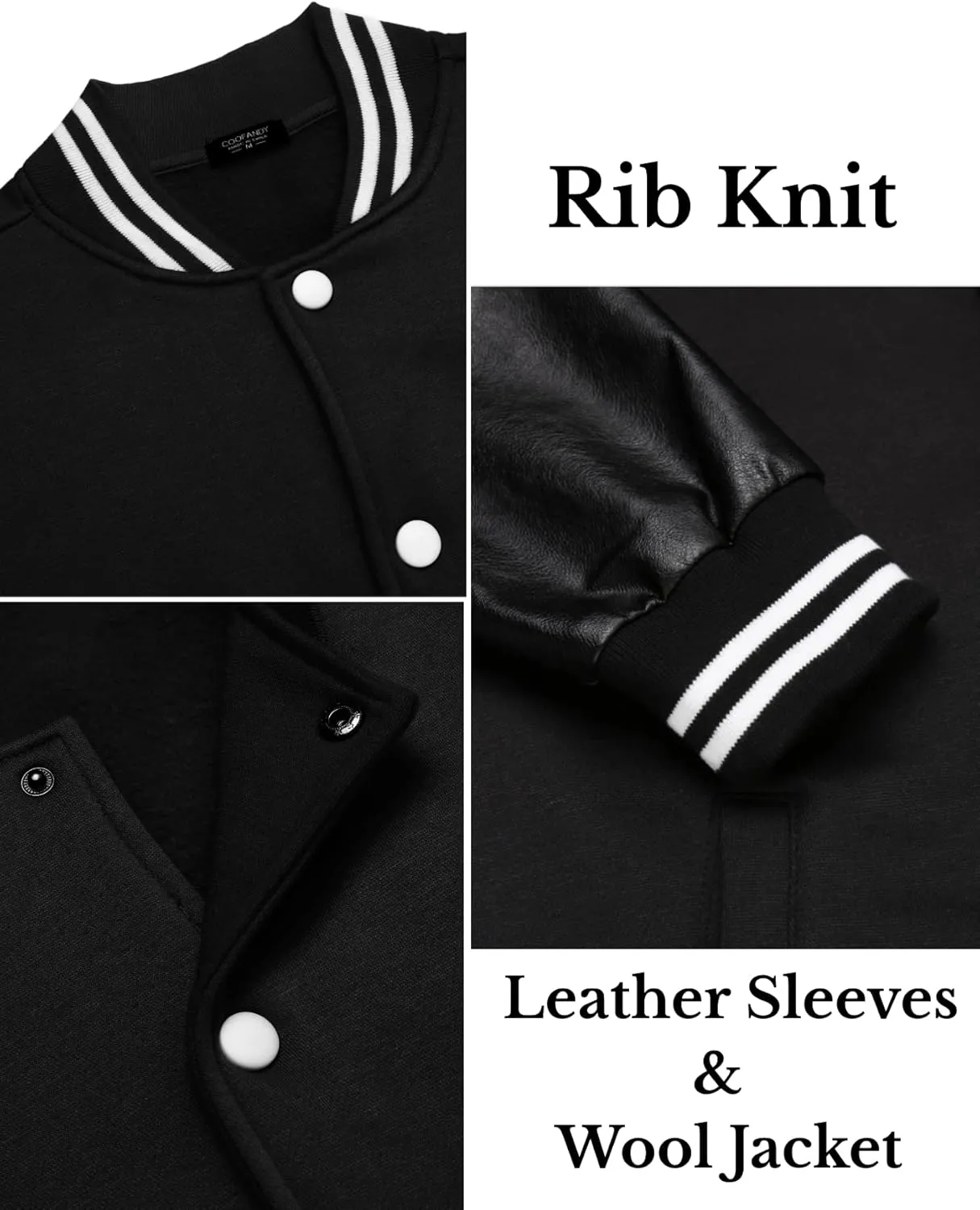 COOFANDY Mens Fashion Varsity Jackets Leather Sleeve Slim Fit College Baseball Letterman Bomber Coat