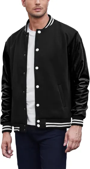 COOFANDY Mens Fashion Varsity Jackets Leather Sleeve Slim Fit College Baseball Letterman Bomber Coat