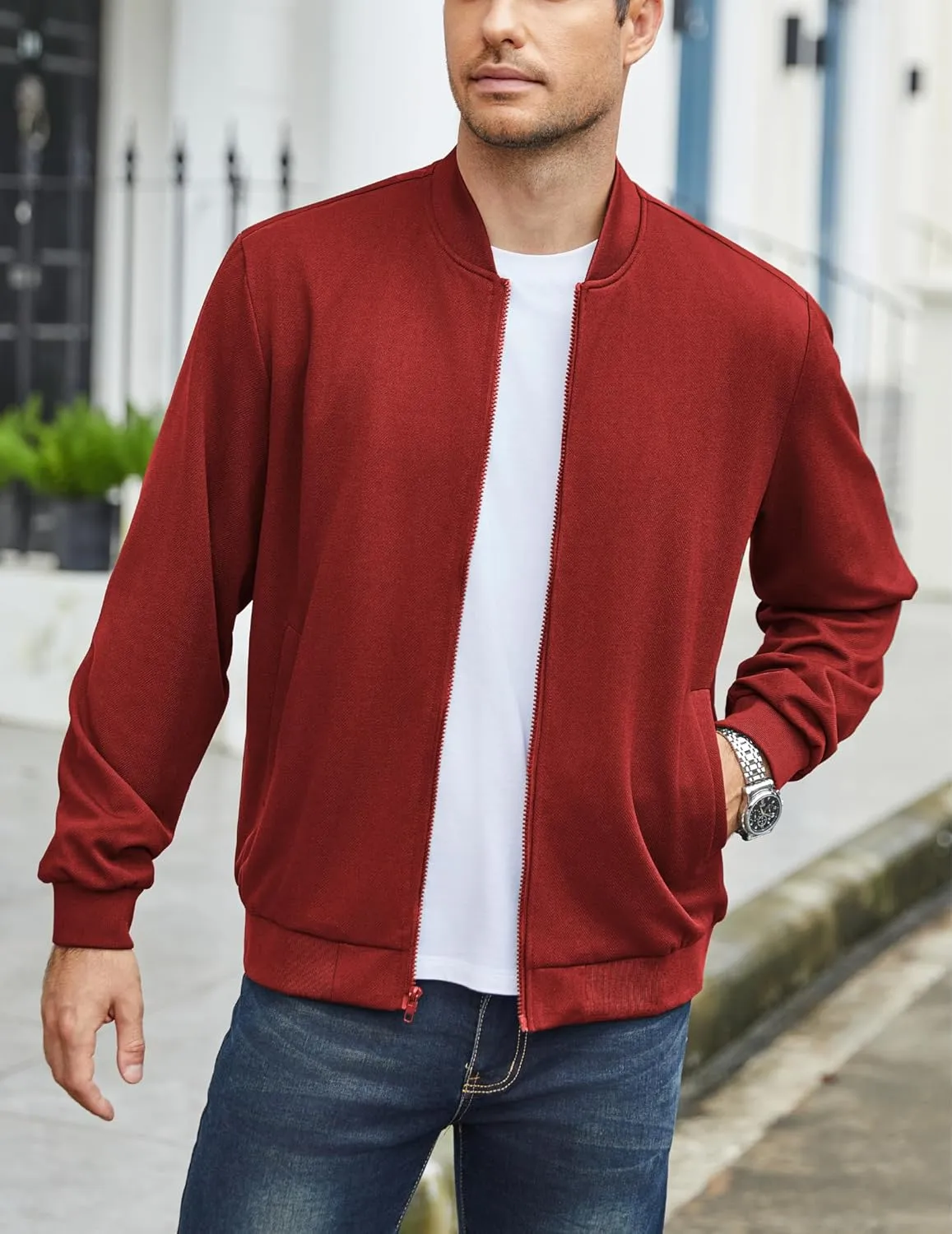 COOFANDY Men's Lightweight Bomber Jacket Casual Stylish Fall Jackets Full Zip Knit Jackets Varsity Textured Coat