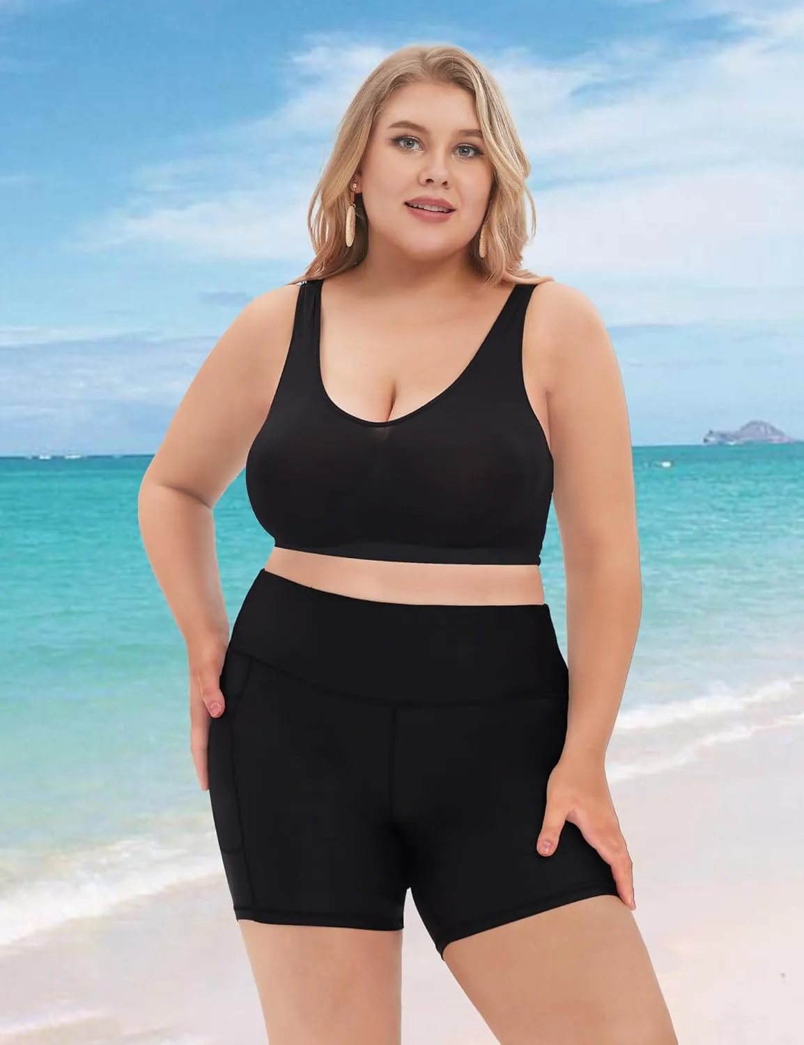 COOTRY Womens Plus Size Swim Shorts High Waisted Tummy Control Swimsuit Bottoms Board Shorts with Pockets
