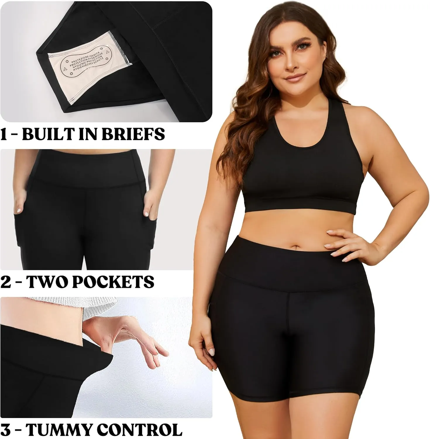 COOTRY Womens Plus Size Swim Shorts High Waisted Tummy Control Swimsuit Bottoms Board Shorts with Pockets