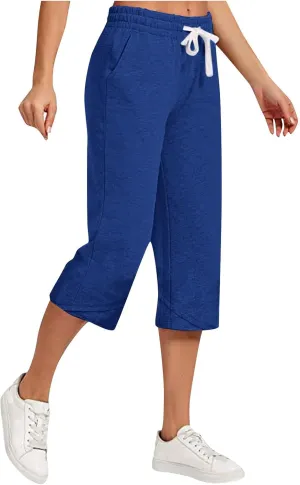 Cotton Linen Capri Pants for Women Casual Summer Wide Leg Pants Drawstring Stretch Yoga Capris Lounge Cropped Pants
