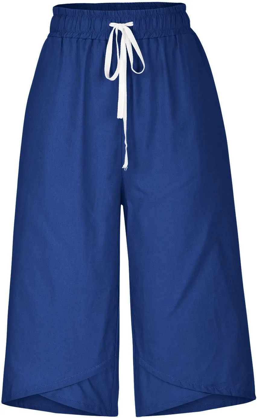 Cotton Linen Capri Pants for Women Casual Summer Wide Leg Pants Drawstring Stretch Yoga Capris Lounge Cropped Pants