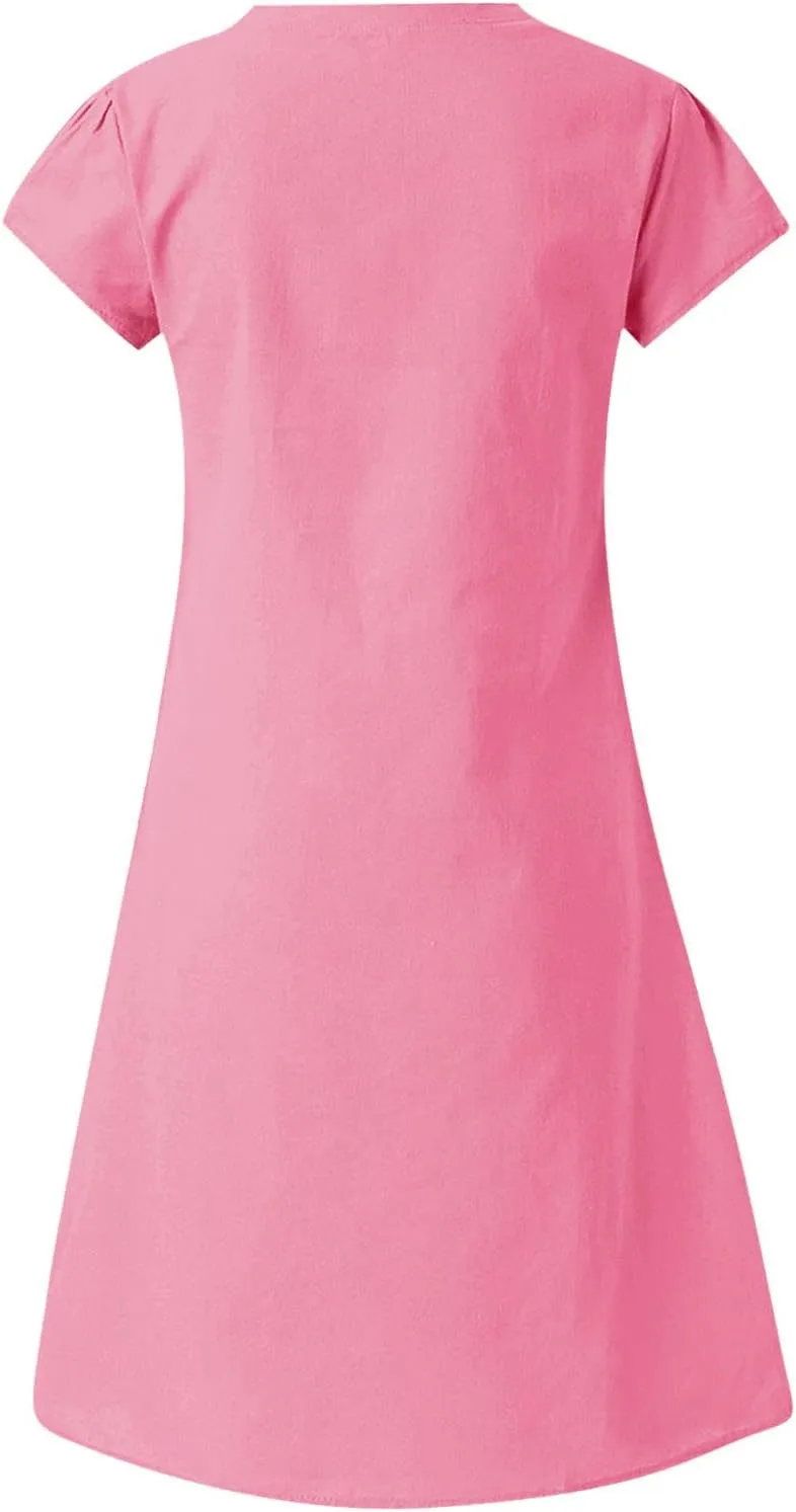Cotton Linen Dresses for Women, 2024 Summer Casual Short Sleeve Midi Dress,Trendy V Neck Beach Sundresses