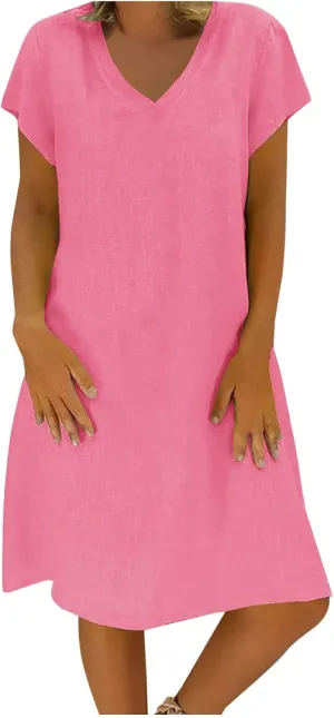 Cotton Linen Dresses for Women, 2024 Summer Casual Short Sleeve Midi Dress,Trendy V Neck Beach Sundresses