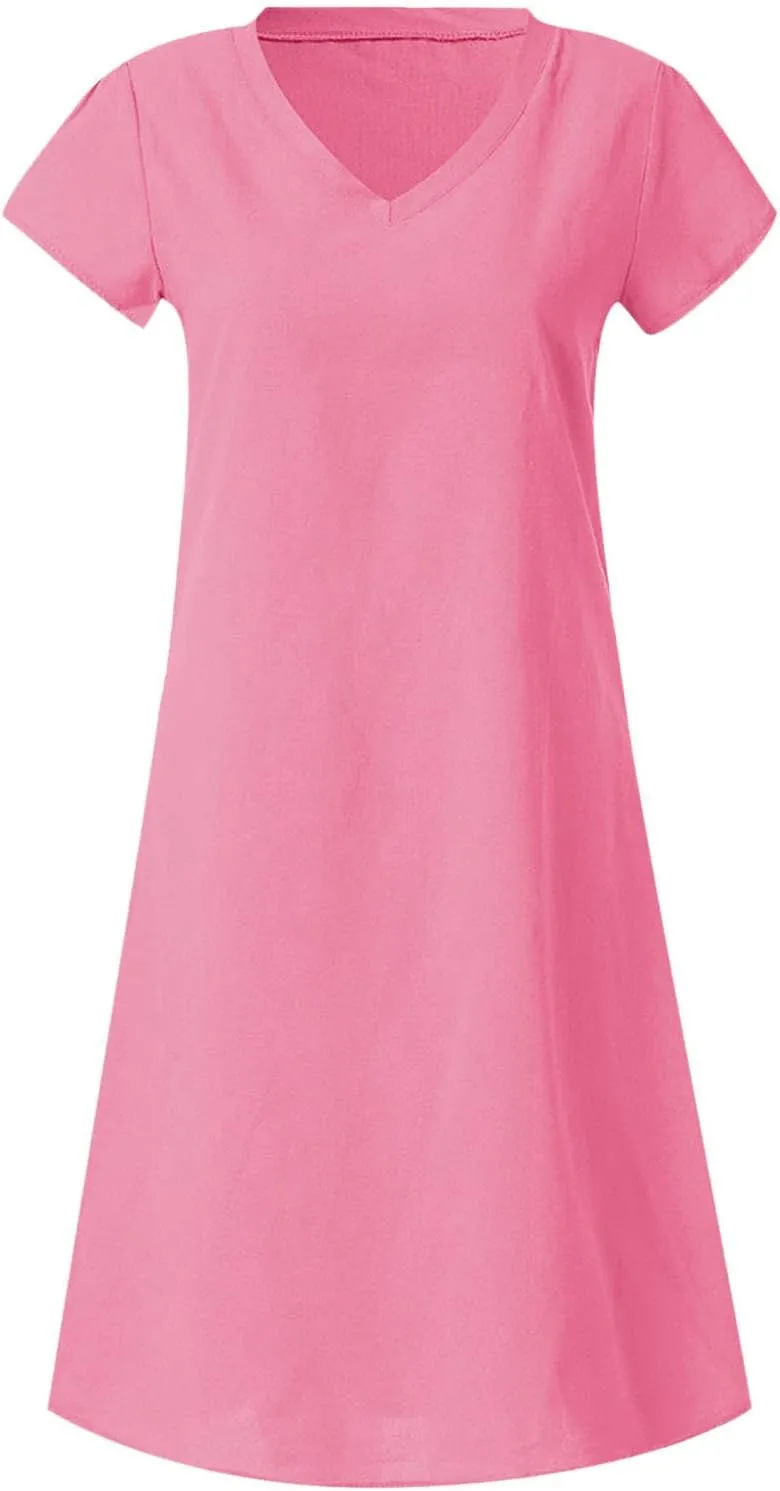 Cotton Linen Dresses for Women, 2024 Summer Casual Short Sleeve Midi Dress,Trendy V Neck Beach Sundresses