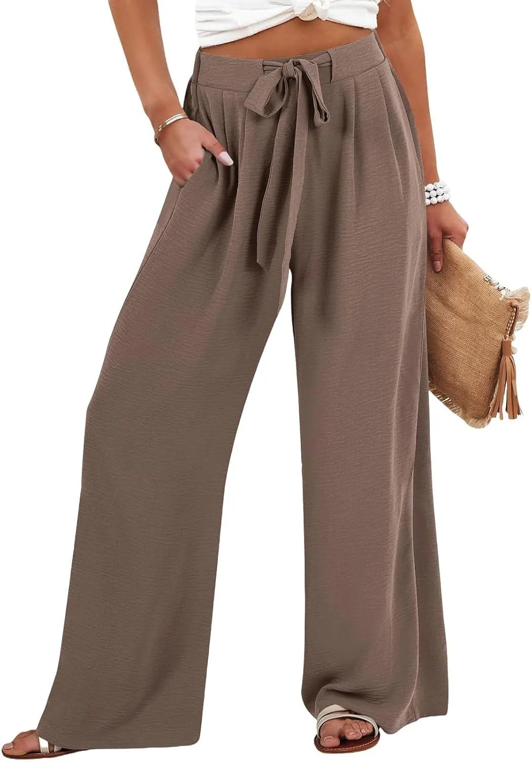 Cotton Linen Pants Women Wide Leg Palazzo Summer High Waist Flowy Casual Trousers Loose Beach Vacation Boho Outfits