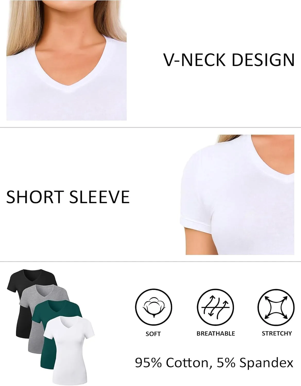 Cotton V Neck T Shirts for Women Short Sleeve Tshirt Basic Tees Vneck Tshirts Womens Tops Undershirt Multipack