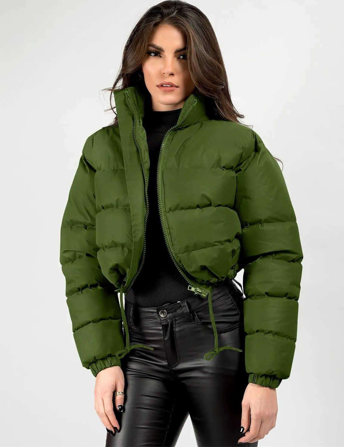 COZYPOIN Women Quilted Down Jacket Stand Collar Long Sleeve Zipper Cropped Puffer Jacket Coat