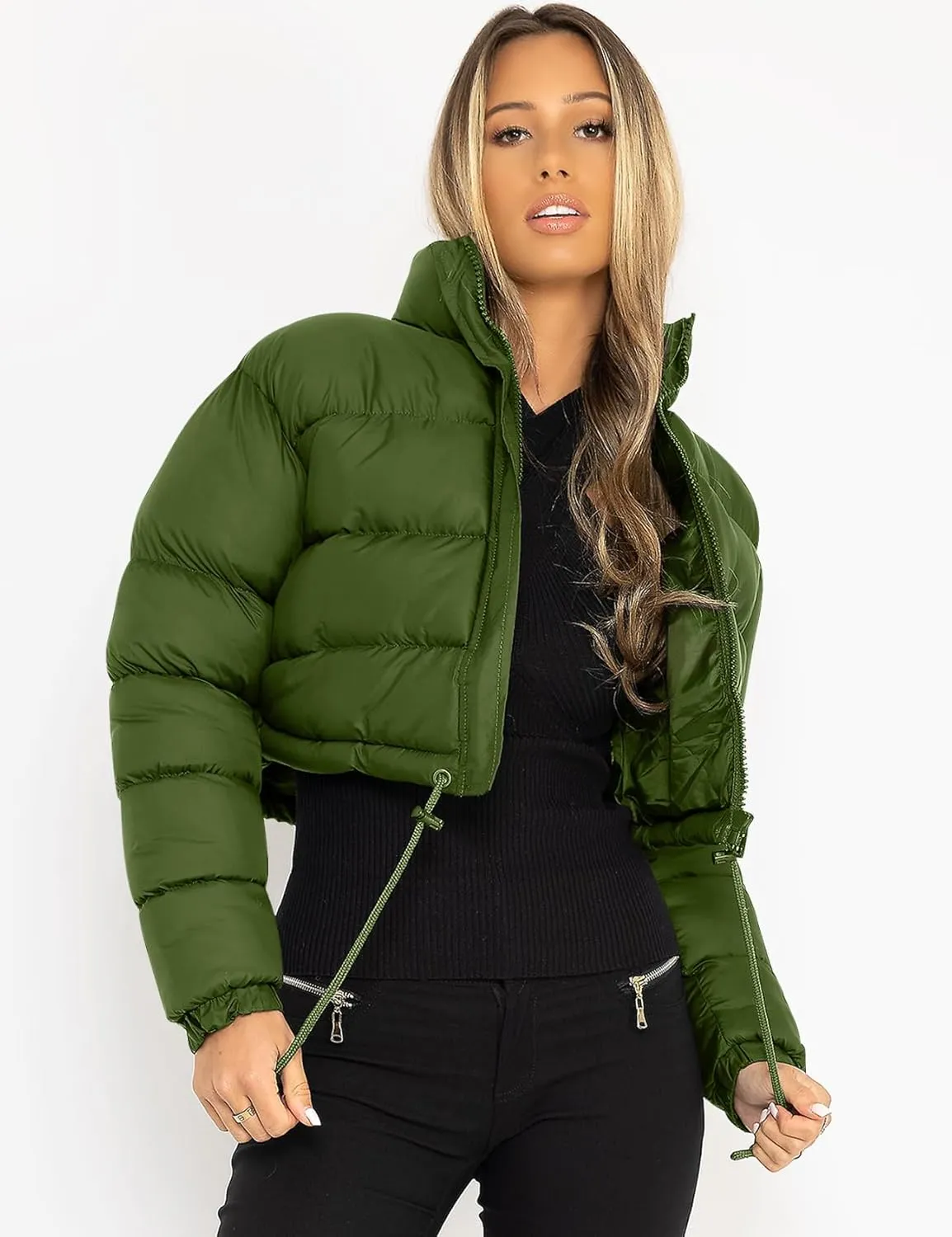 COZYPOIN Women Quilted Down Jacket Stand Collar Long Sleeve Zipper Cropped Puffer Jacket Coat