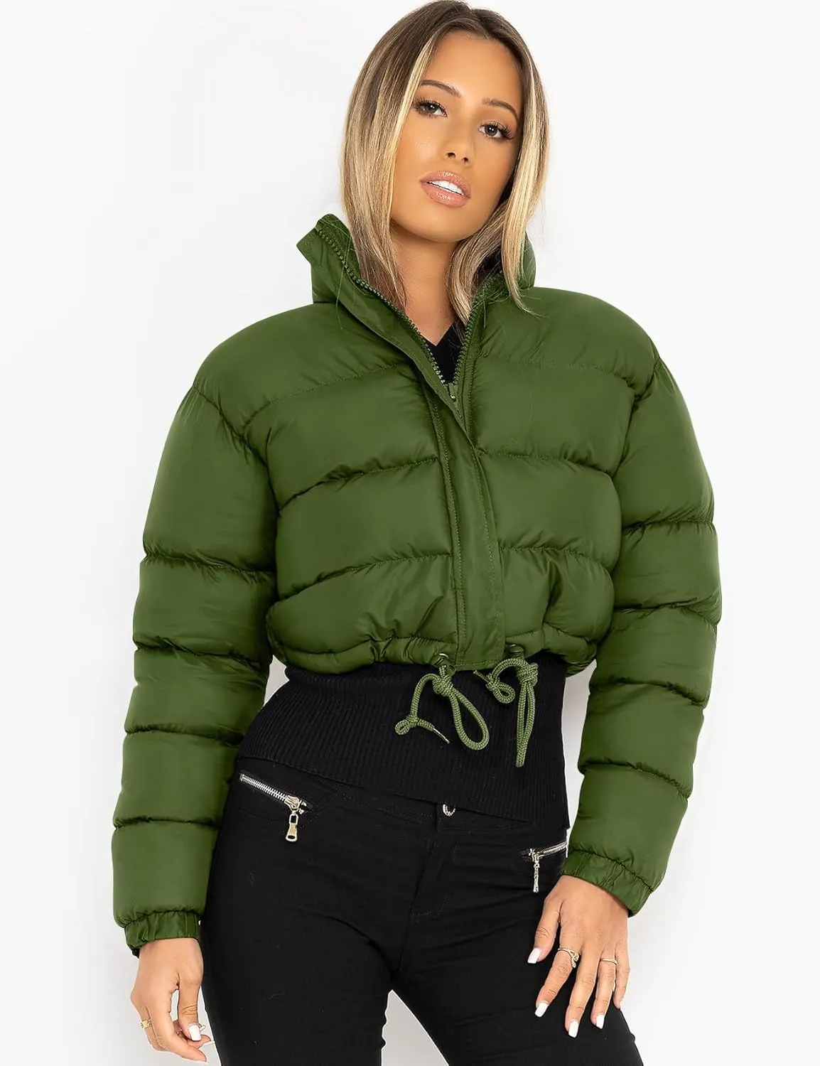 COZYPOIN Women Quilted Down Jacket Stand Collar Long Sleeve Zipper Cropped Puffer Jacket Coat